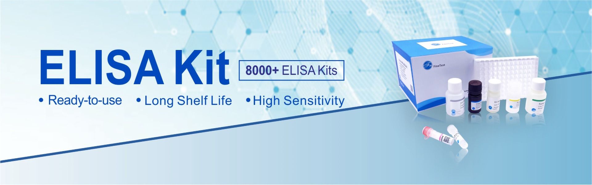 FineTest's ELISA assay kits are equipped with complete component allocation, characterized by strong specificity and high sensitivity. Production and detection processes are strictly controlled to minimize coefficient of variation (CV) deviation, ensuring reliable reproducibility. We offer over 3000 popular target products, covering a variety of species including humans, mice, rats, monkeys, pigs, dogs, cattle, and more, totaling over 10 species.